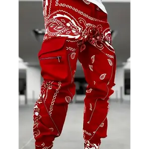 Men’s Multi-Pocket Joggers with Paisley Pattern, Casual Sports Pants for Fitness