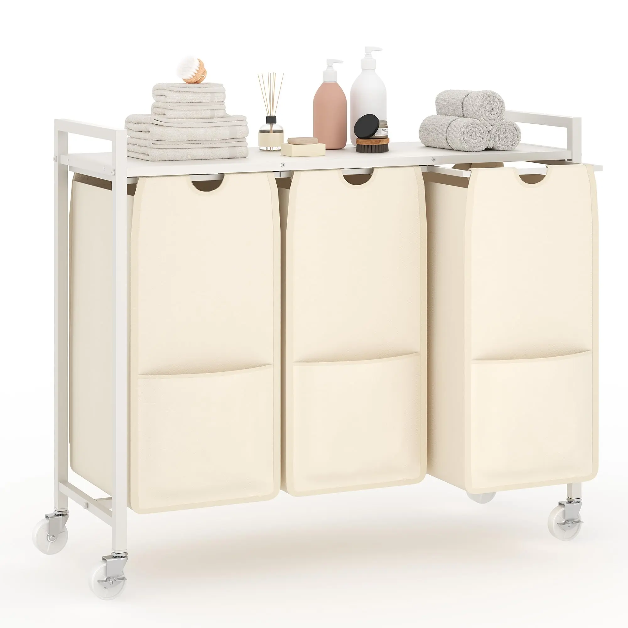 Laundry Hamper with Shelf, Laundry Sorter with 3 Pull-Out Removable Bags, Rolling 3 Section Removable Pull-Out Fabric Bags Hamper Basket, Sturdy Rustic Brown Black Iron Organizer for Room Organization
