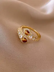 Elegant Snake Open Ring for Women, Tiger Eye Stone Full Diamond Zircon Setting, Copper Material, Perfect for Daily Wear and Parties