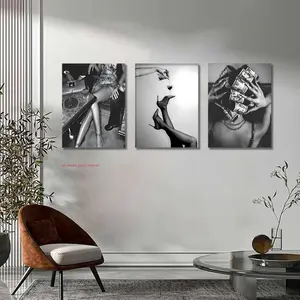 3-Piece Set: Stylish Artistic Trendy Black-and-White Wall Art, Luxury Curling Iron Girl Poster, Printed High-Heel Lady, Disco Cocktail, Retro Bold Feminine Style Bedroom/Living Room/Dorm Decor Artwork, Canvas Print, Flat-Pack Frameless, Unframed Artwork