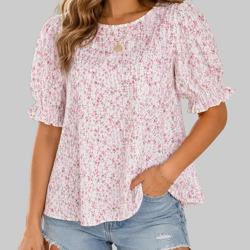 ZEAGOO Women's Soft Bohemian Floral Print Babydoll Blouse - Round Neck, Smocked, Short-Sleeve, Dressy Casual, Lightweight Fabric, Flattering Fit, Cute Tops, 1-Piece Shirt for Women's Tops Back to School