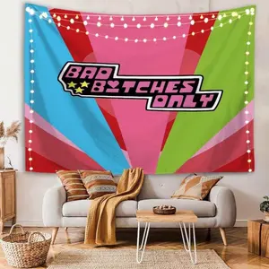 Cute Bad Girls Only Tapestry, Retro Girls Club Aesthetic, Girl Power Rainbow Wall Decor Sorority Dorm, Bad Bitches Only in Word Rave Flag