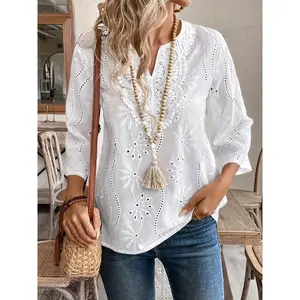Eyelet Notched Neck Blouse, Elegant Solid Color 3/4 Sleeve Blouse for Spring & Fall, Women's Clothing