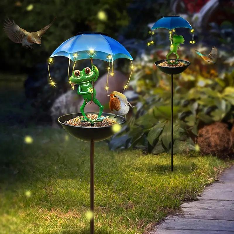 Solar LED Frog Umbrella Light with Bird Feeder, Outdoor Garden Decoration, Garden Decorative Lighting, Weather-Resistant Metal Design, Crystal Decor, Yard Enhancement