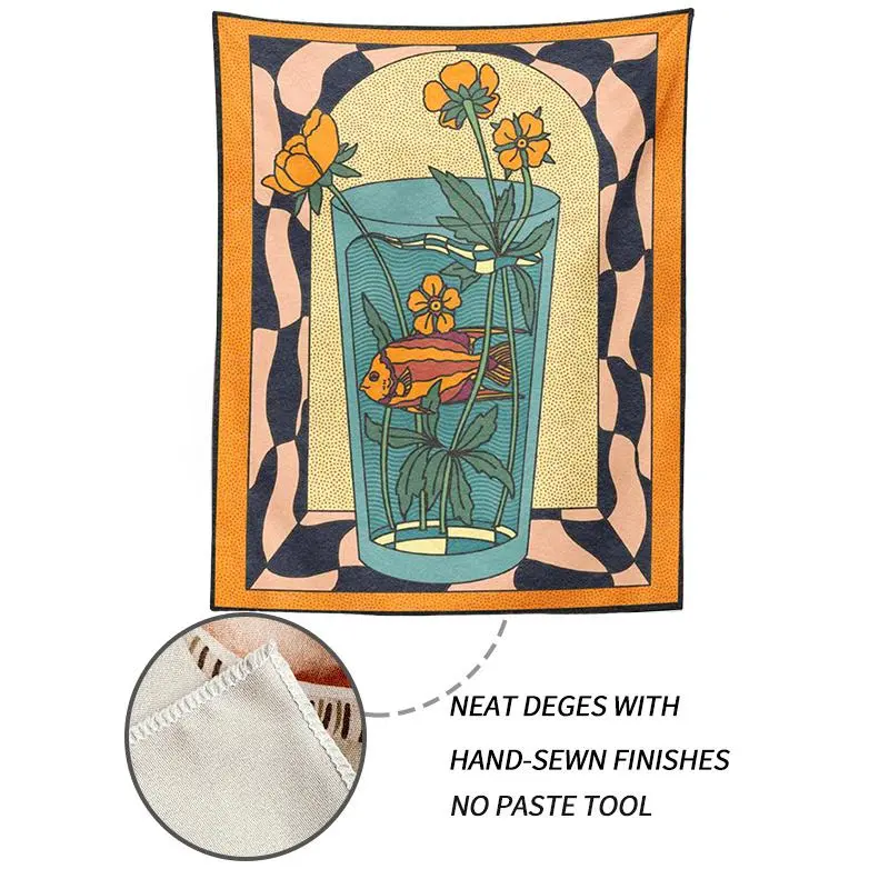 1pc Vintage-Style Tapestry Wall Decor Mat - Psychedelic Vase, Goldfish, Flowers Print, Minimalist Bohemian Room Accent for Photo Backdrops
