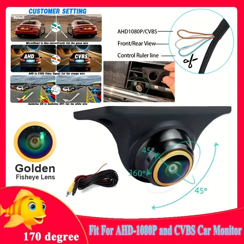 AHD-1080P AHD/CVBS Support, Front/Rear/Left/Right View Backup Camera Fisheye Camera for Cars - Full HD Night Vision, 170° Wide Angle, Front & Rear Parking Assistance, Easy Installation, Golden Lens, Compatible with Pickup Trucks, SUVs, RVs, Van