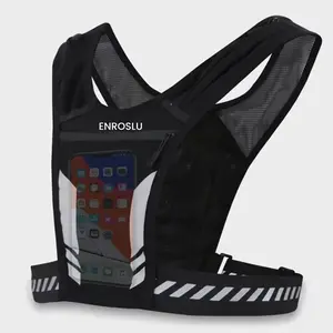 Running Vest Phone Holder, Lightweight Chest Phone Holder with 4 Pockets, Breathable Training Reflective Running Vest Sport Jogging Vest Adjustable Waistband for Running, Gym, Biking, Men & Women ENROSLU