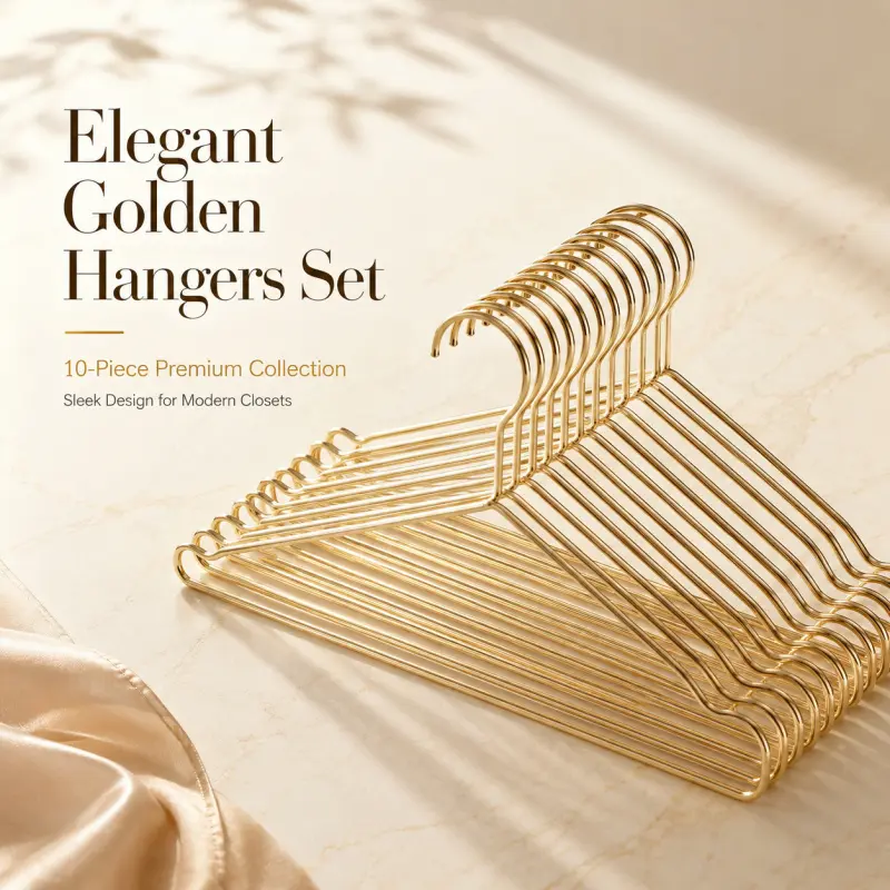 10-pack of high-quality gold-tone metal hangers. Elegant gold hangers that save wardrobe space. Suitable for wardrobe, trousers, and clothing storage.