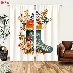 2D Flat Teal Christmas Stocking 2-Piece Set with Golden Trim and White Floral Patterns, Retro-Inspired Whimsical Holiday Decor with Colorful Flowers and Foliage, Light Cream Background Festive Arrangement for Home Decoration