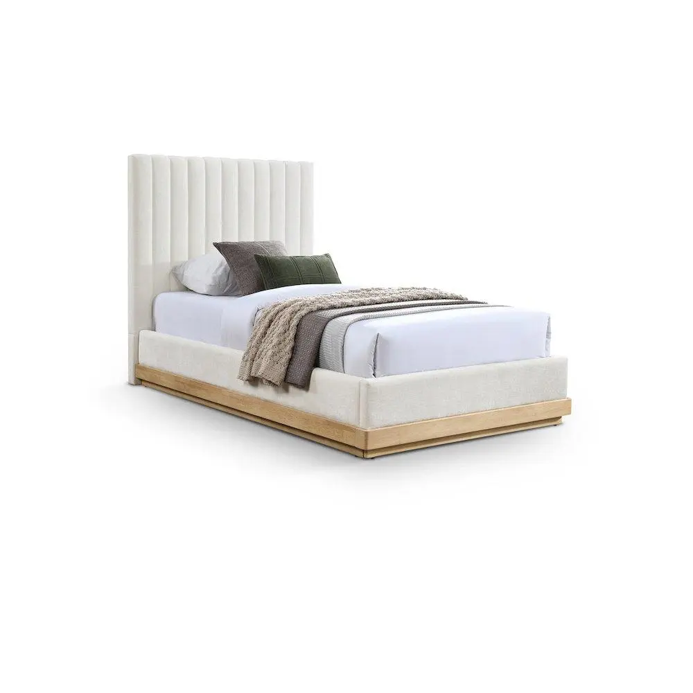 Twin Size Emmet Cream Chenille Fabric Bed with Wood Frame, Ideal for Contemporary Home Decor