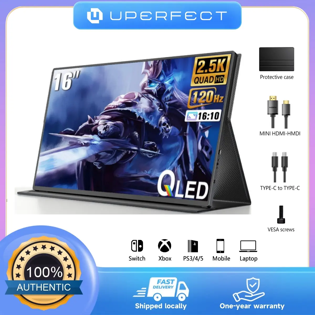 UPERFECT GR16EQ 16 inches 2.5K 120Hz/144Hz Portable Gaming Monitor Uses as a second gaming monitor Comes with a leather case Lightweight and portable Connects with a single cable Connects to PS5 and Switch consoles Connects to phones and computers