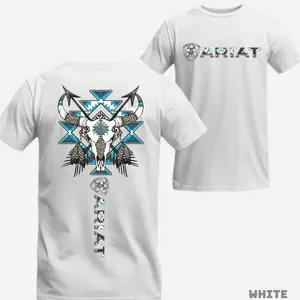 Ariat T-shirt - Tribal-style Bull Skull Design With Bold Blue Patterns And Warrio Short Shortsleeve Crewneck Streetwear Man Top Menswear
