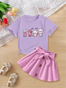 2pcs Girls' Casual Cute Crew Neck Short Sleeve T-shirt & Skirt Set, Dessert Milk Tea & Ice Cream Series Print, Summer Fashion Sweet Outfits