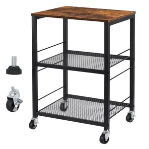 Stand Industrial Cart with Wheels Table with Storage 3-Tier Rolling Holder with Shelves Wood Stand Rack for Home Rustic Wheel