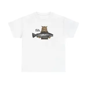 Hilarious Fih Cat Graphic T Shirt Unisex Crewneck 100 Percent Cotton Meme Style Casual Top