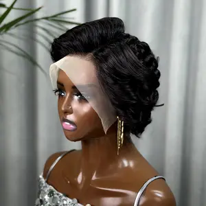 ShowReal Styling Pixie Cut Side Part Wig Black Red Ginger Color Human Hair Egg Curly Wave Pre-Plucked Pre-Bleached Wigs For Woman