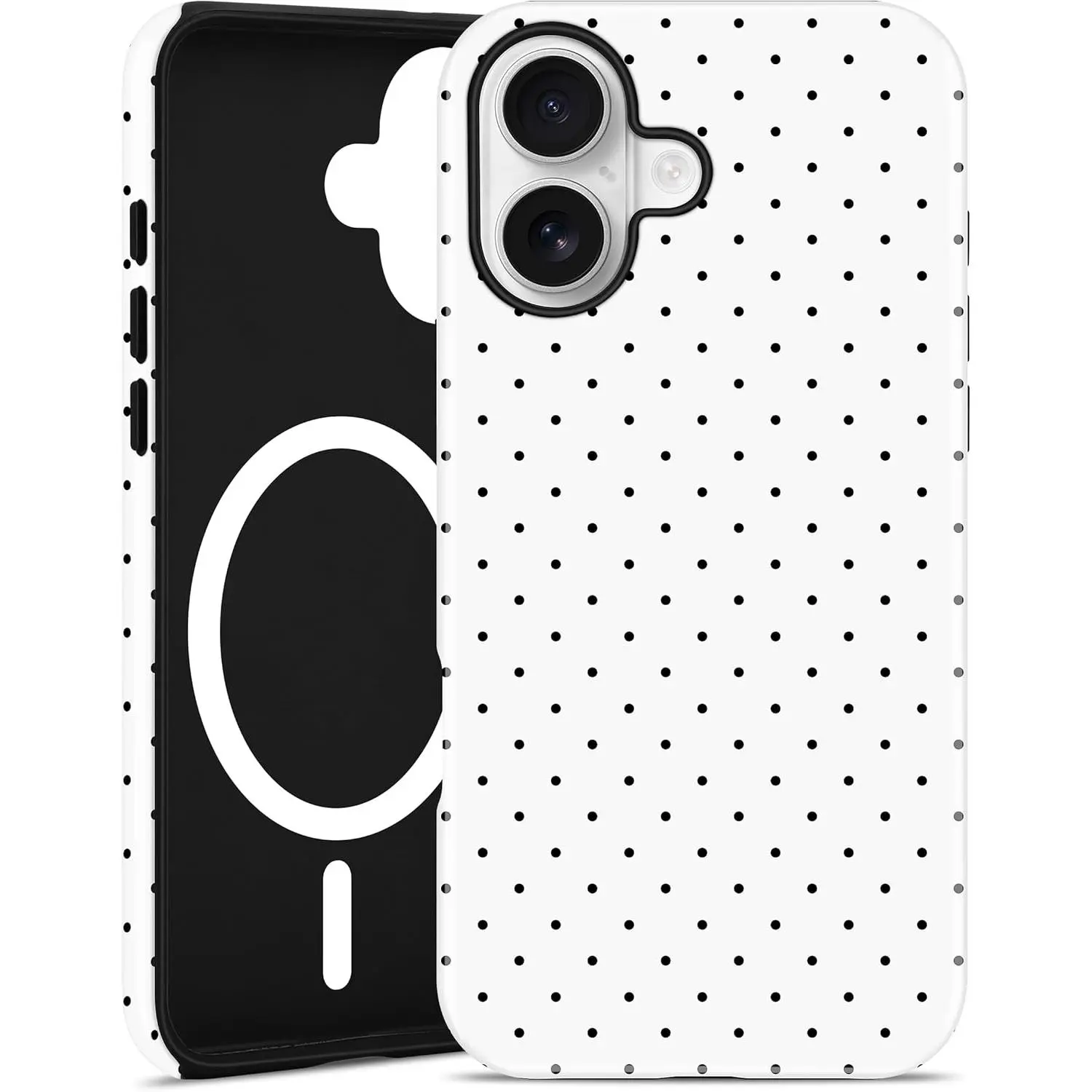 Jusy Polka Dot Smartphone Casing for iPhone 16, Shockproof Full Protective Handheld Cellphone Devices Cover, Magnetic MagSafe Compatible Hard PC Soft TPU Shell, Cute Aesthetic Women's Design - White, Protection