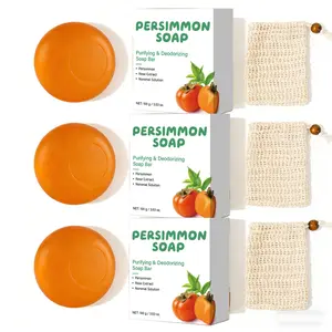 3PCS Persimmon Soap + 3 Ramie foaming  Nets Set ,Natural Deodorant Body Bar Soap for Old People Smell, Remove Strong Smell, Organic Eliminating Odor Wash Soap for Women & Men