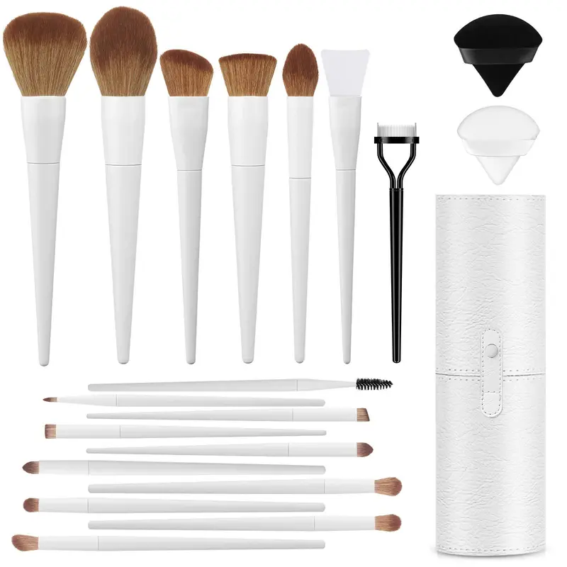 Bestope Pro 20-Piece Makeup Brushes Set for Adults - Portable Travel Case, 2 Powder Puffs, High-Quality Fibre Bristles, Ergonomic Design, Eyeshadow & Face Makeup Brushes for Natural Look (Pink, White, Blue, Black)