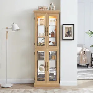 Lighted Glass Curio Display Cabinet, Display Cabinet, Glass Storage Cabinet Glass Wine cabinet Wood Frame Toy Display for Living Room, Kitchen, Pantry light bulb included Light oak
