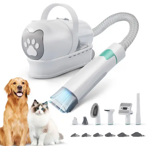 7-in-1 Pet Grooming Kit with Hair Collection Function for Dogs Cats, Complete Home Grooming System Includes 6 Guide Combs for Precise Trimming