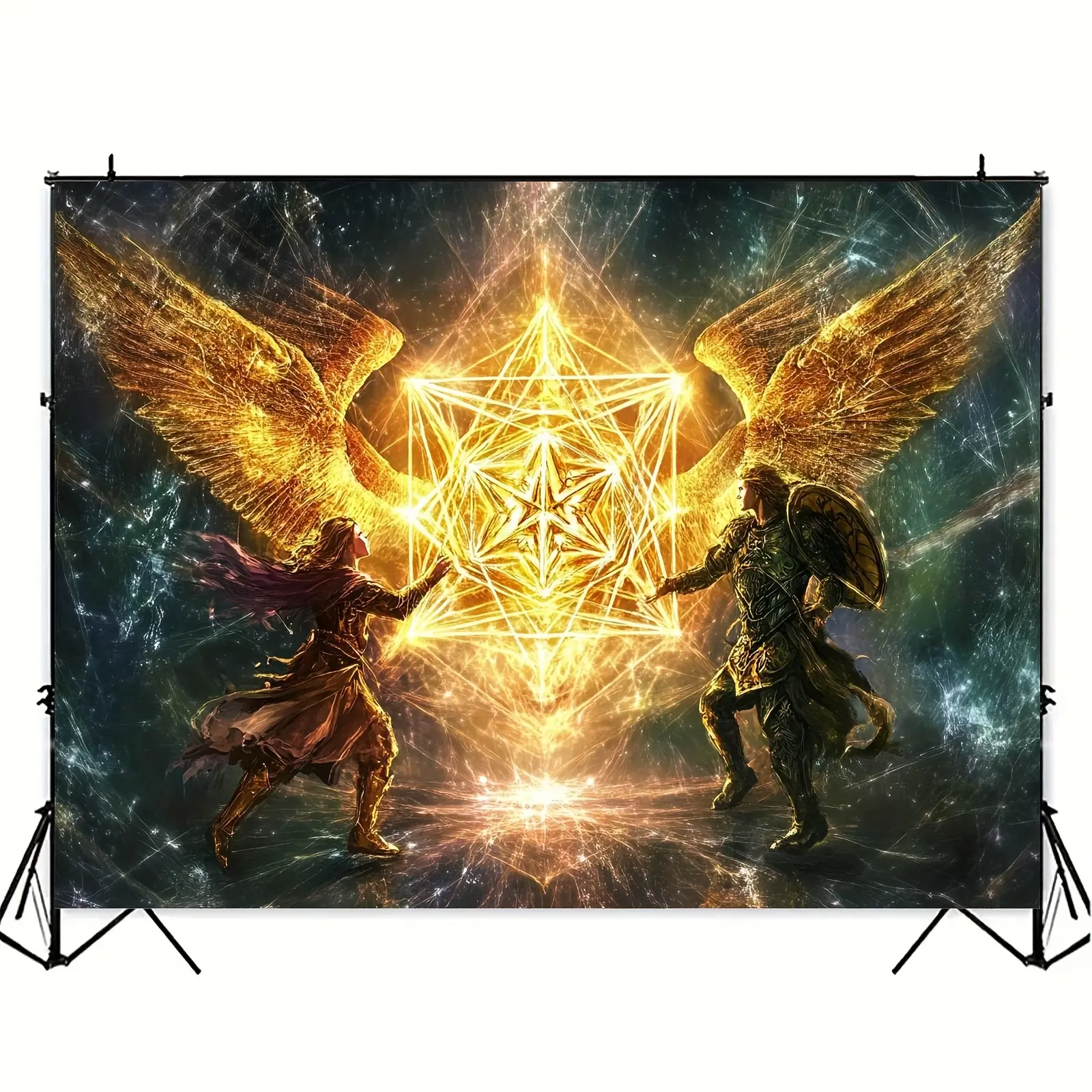 Glam Archangel Uriel & Aurora Printed Decorative Banner with Metatron's Cube Backdrop, Durable Soft Texture Polyester, 179.83x229.87cm Large Size Ornament, for Makeup Photography, Party Decorations (KK17287)