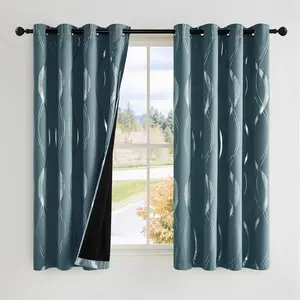 100% Blackout Curtains Panels for Living Room, Greyish Blue, 52" Wide x 63" Long, 2 Panels, Sound Reducing Thermal Wave Line Foil Print Curtains for Door