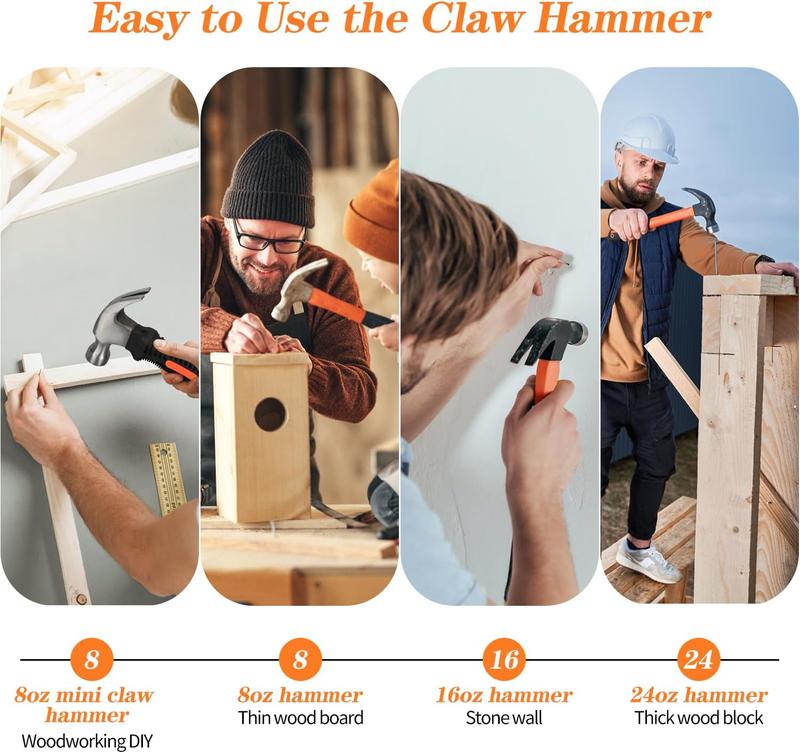 8/16/24oz Straight Rip Fiberglass General Purpose Claw Hammer, with Smooth Face & Non-slip Grip