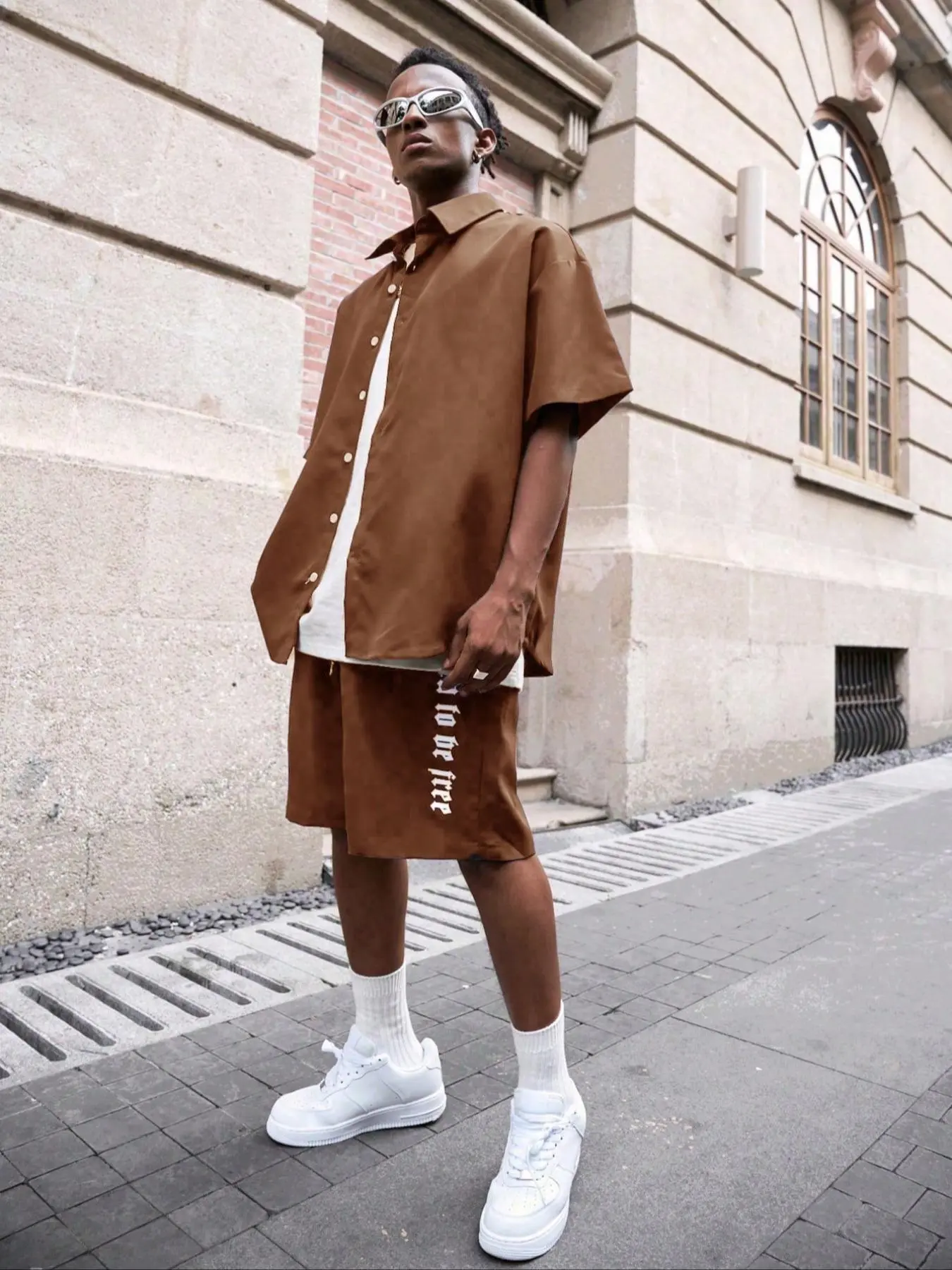 Men's Letter Print Button Shirt & Drawstring Waist Shorts Two-Piece Set, Casual Everyday Set, Regular Fit Casual Short Sleeve Collared Top & Track Shorts, Men's Summer Clothes