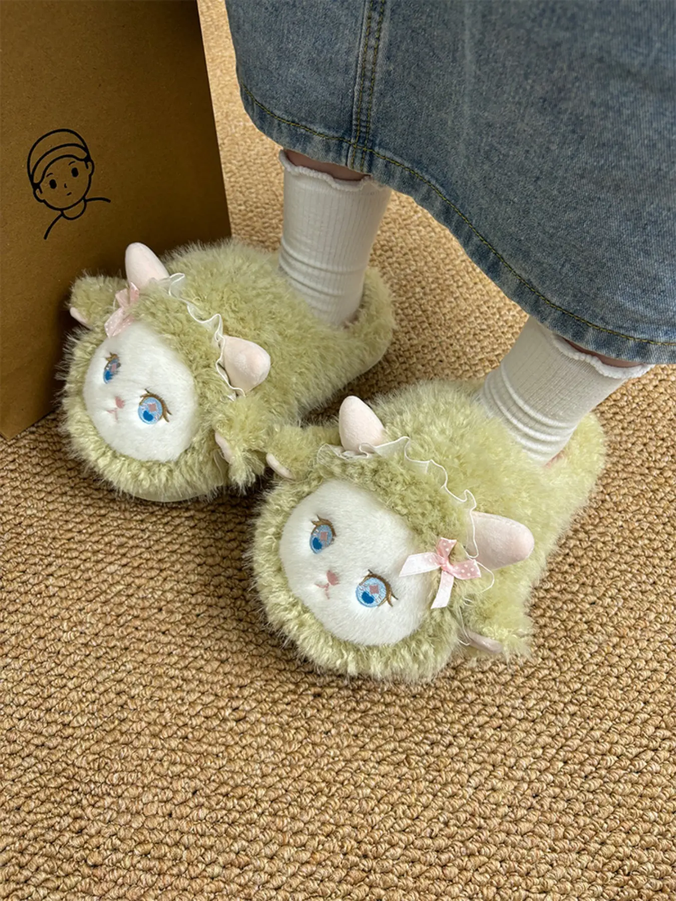 Women's Cute Cartoon Sheep Cotton Slippers, Warm Thick Sole Indoor Home Shoes, Fall & Winter Comfortable Textile Eva Soles