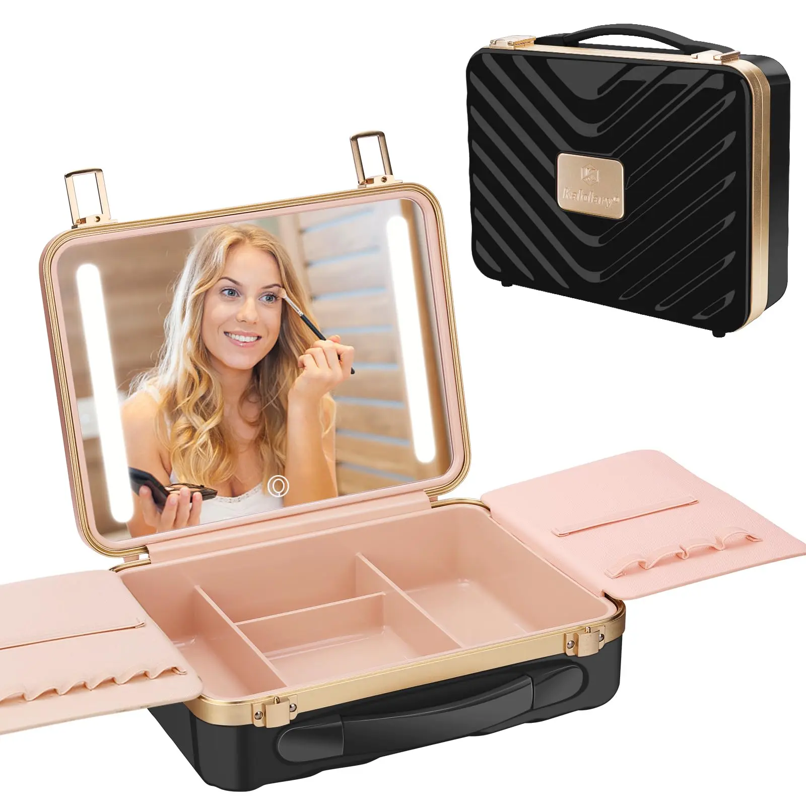 Travel Makeup Train Cases with Lighted Mirror 3 Color Setting, Makeup Bag Cosmetic Case Organizer Adjustable Brightness Portable Makeup Storage Box For Makeup Brushes Accessories Tools,Black
