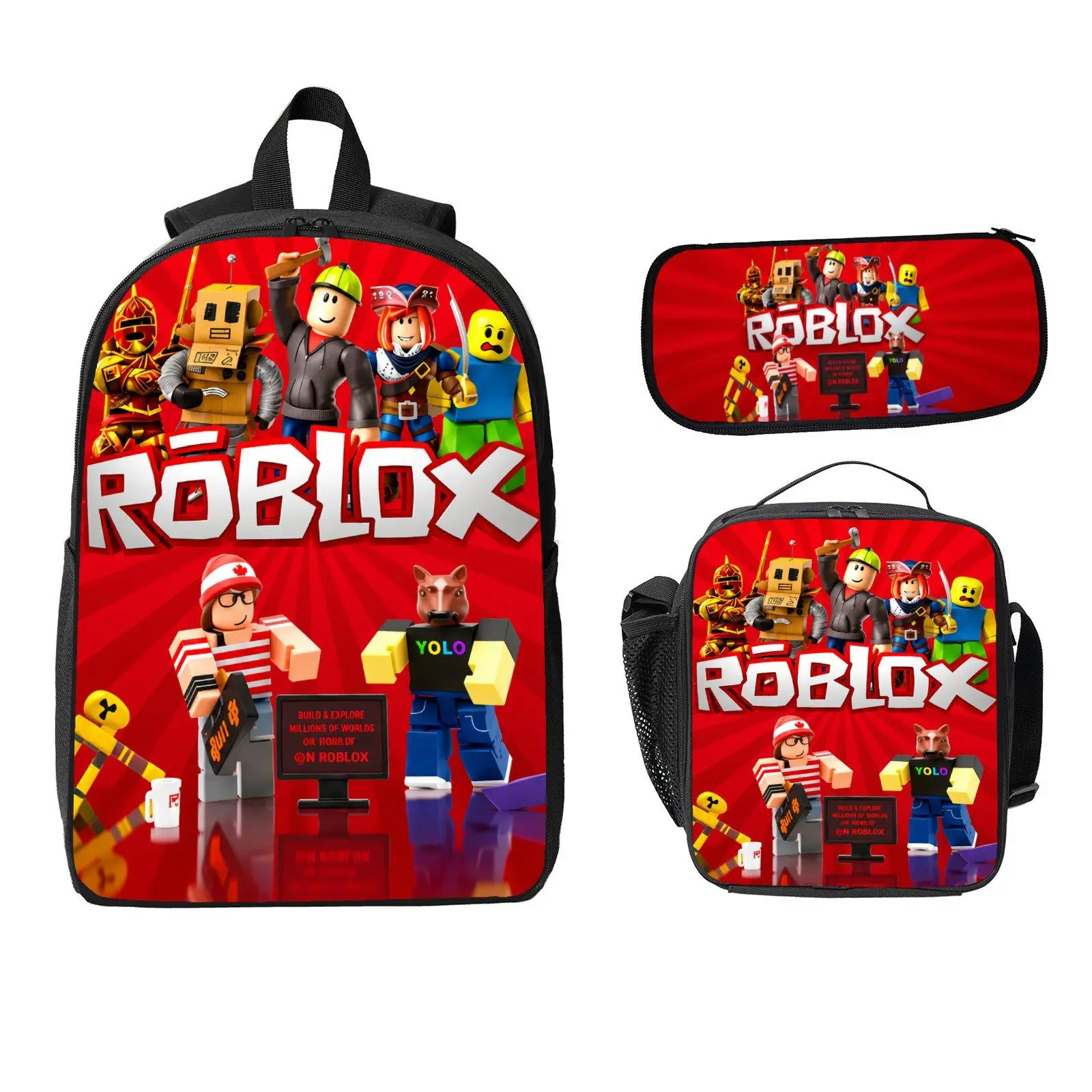 ROBLOX Red Block World Gaming Characters Graphic Print Backpack 3 PCS Set, Virtual Pixel Avatar Bookbag with Insulated Lunch Box and Pencil Case, Gamer Birthday Gift for Boys Kids Geek Bag School Backpack Set