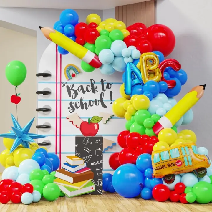 153-Piece Rainbow Balloon Arch Kit with Pencil, School Bus & ABC Foil Balloons for Back to School