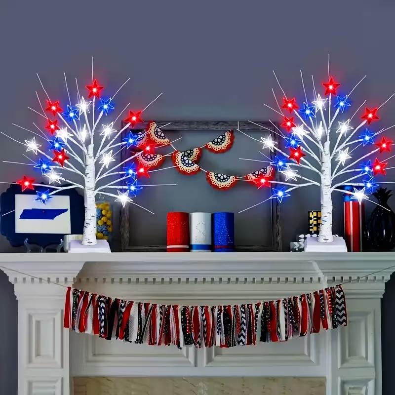 Patriotic LED Tree Lights, 24 Inch 4th of July Decorations Lighted Tree Lamp with 8 Lighting Modes & Timer, Red White Blue Tabletop Tree Light, USB Battery Operated Mini Bonsai Tree for Independence Day Indoor Home Table Party Decor