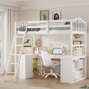 Twin Size Loft Bed with Desk,Wood Loft Bed Frame with Storage Cabinet,Drawers and Open Shelves for Bedroom Furniture, Space Saving,Easy Assembly,White
