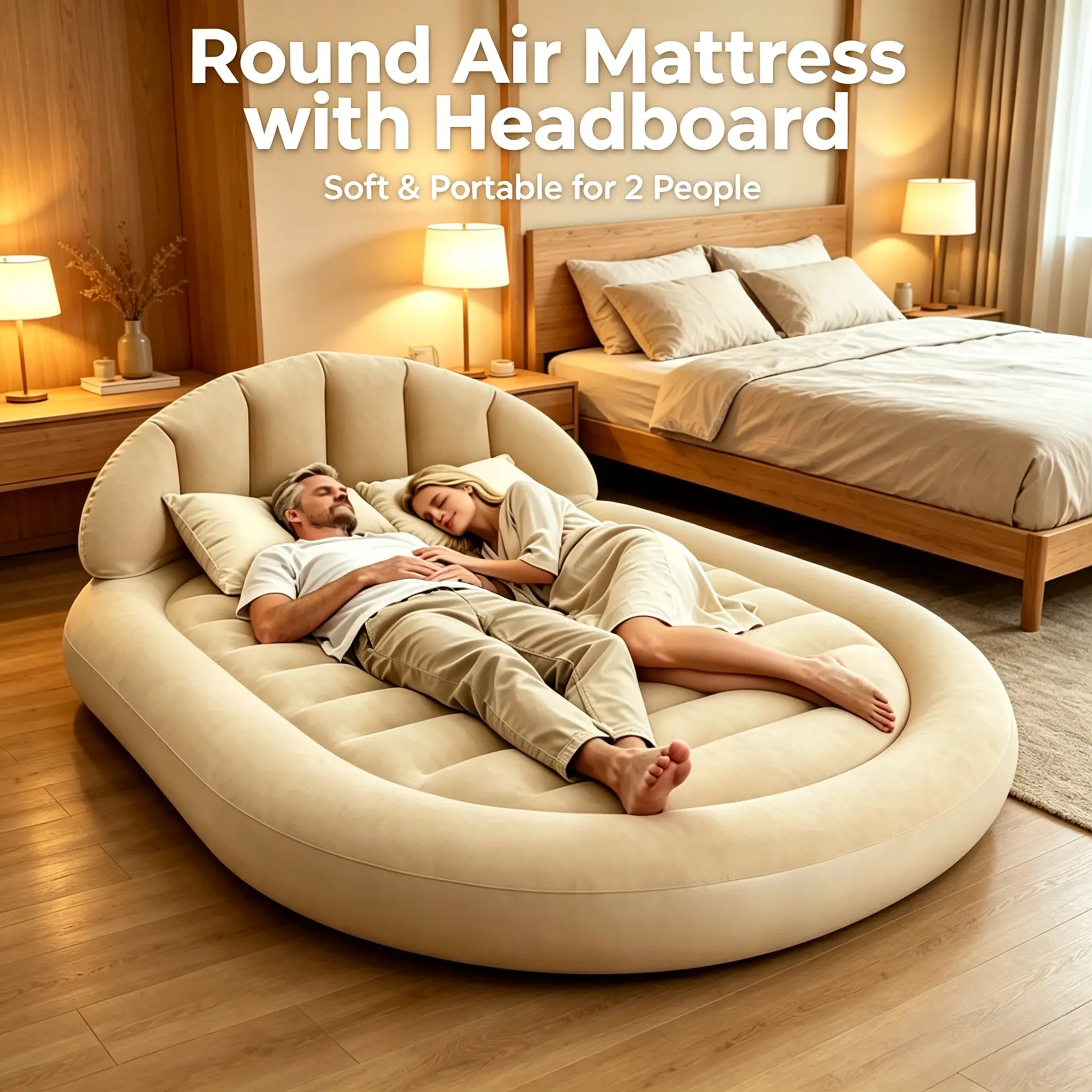 Luxury Flocked Air Bed with Backrest, Multifunctional Inflatable Lounge Sofa Bed, Portable Outdoor Inflatable Sleeping Bed — Perfect for Home Guest Rooms, Balcony Relaxation, Dormitories, Camping, Beach Vacations and Family Outings (Air Pump Included)