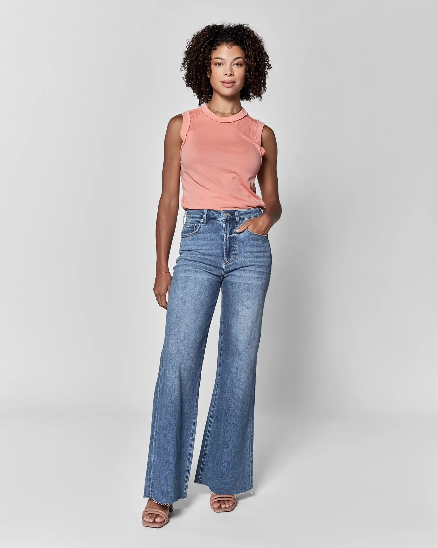 Women's High Rise Wide Leg Denim Pants, Women's Denim Bottoms, Fiona High Rise Jeans, Flattering Jeans, Sustainable Repreve® Blend, Whiskering, Full Length, Bell Bottoms Jeans