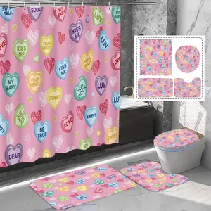 1/ 4pcs Valentine's Day Romantic Heart Love Words Print Shower Curtain Set, Non Slip Bath Mat Rug, Toilet U-Shape Mat, Toilet Lid Cover, Bathtub Curtain, 71X71Inch, with 12 Hooks, Bathroom Decoration Accessories, Bathroom Home Decor