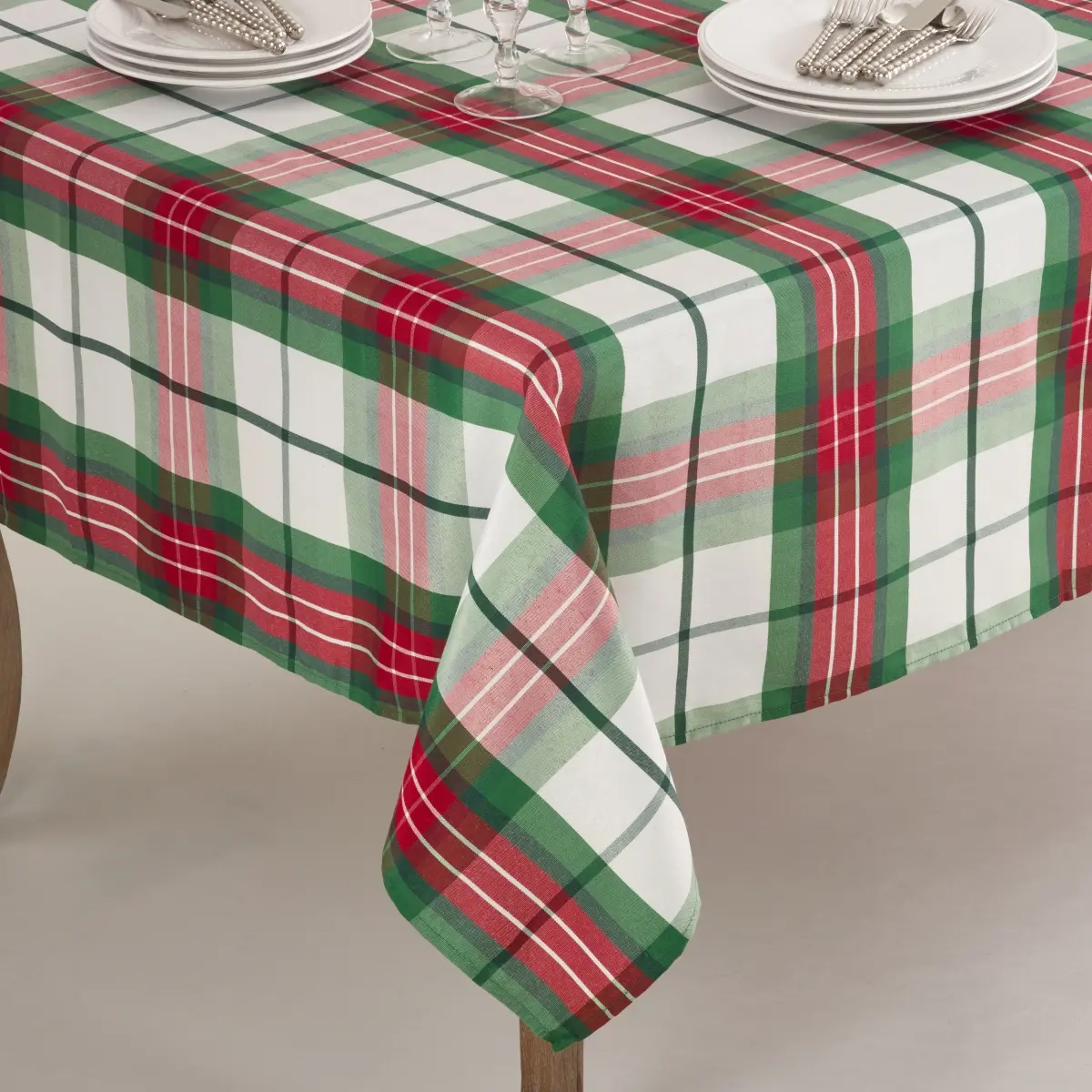 SARO 70 in. Square Vernor Plaid Design Holiday Tablecloth Multi Color