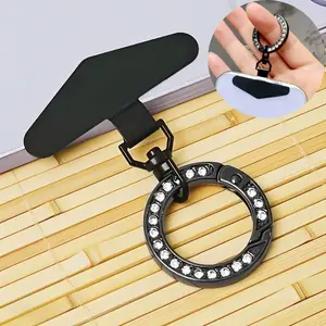 Luxury Upgrade Stainless Steel Phone Lanyard Buckle, Shiny Spring Ring Keychain + Ultra-Thin Metal Patch, Anti-Loss Phone Case Back Pad