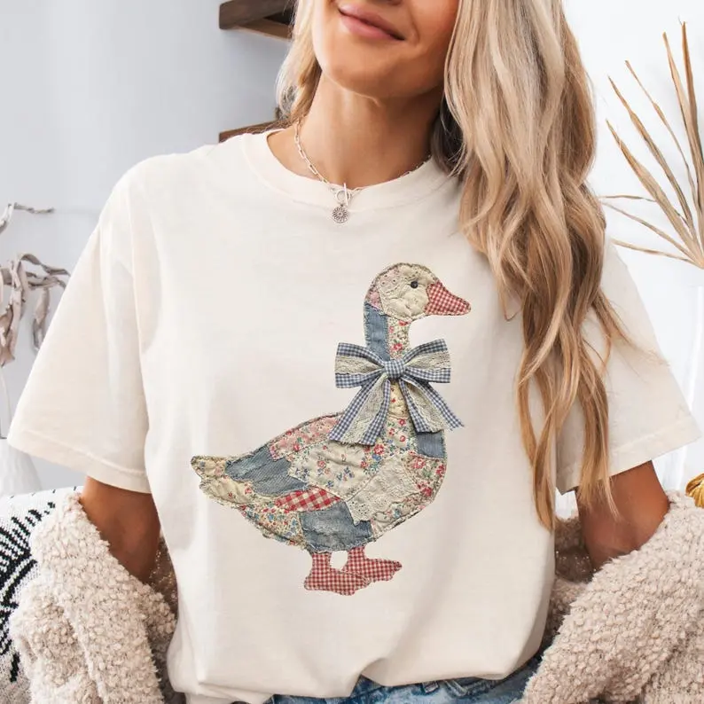 Comfort Colors Faux Patchwork Grandmacore Goose Shirt for Women (Printed, Not Embroidered), Coquette Easter Duck Crewneck, Trendy Spring Graphic, Easter Gift