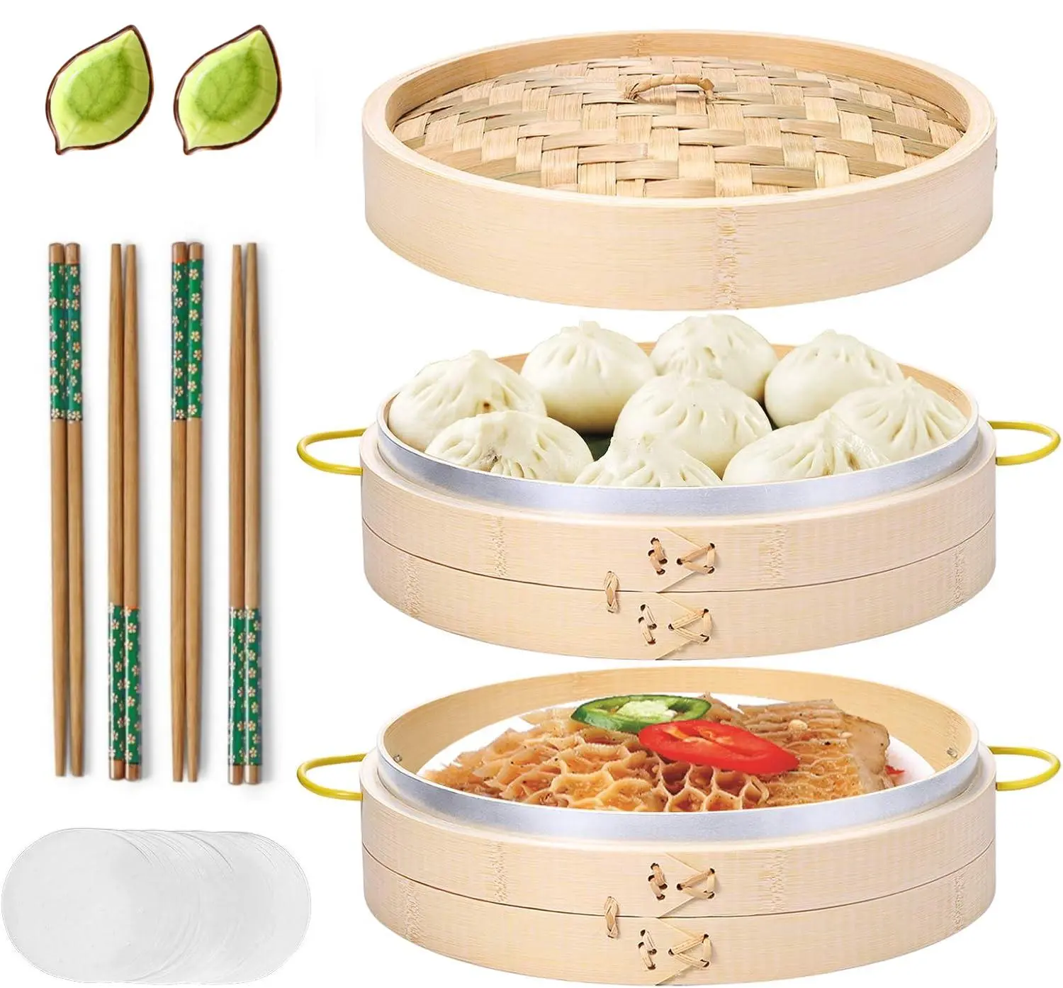 10-Inch Natural Handmade Bamboo Steamer Basket Set, Kitchen Cooking Accessories with Side Handles, Chopsticks, Ceramic Sauce Dishes, Paper Liners – Preserves Original Flavor for Dim Sum, Dumplings