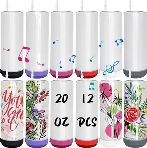 20 OZ Sublimation Blank Tumblers Bulk Stainless Steels Double Vacuum Bluetooth Speaker Music Insulated Tumbler with Lid and Straw Heat Transfer Cup 12 Pcs