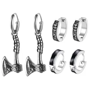 OIDEA 3 Pairs Stainless Steel Nordic Viking Rune Axe Celtic Knot Huggie Hoop Earrings for Men