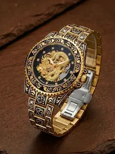 A men's hollowed out exquisite pattern red dial, Analog Mechanical Watches, fashionable, personalized, trendy and versatile, men's daily casual mechanical watch with accessories