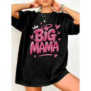 Big Mama, A Black Oversized T-Shirt For Mom, A Casual Short-Sleeved Round-Neck Top, A Machine-Washable Round-Neck Large-Size Black T-Shirt