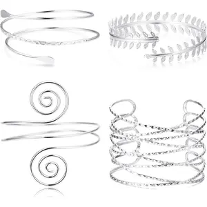 FINREZIO 4 Pcs Golden Diverse Arm Cuff Set for Women Men Adjustable Leaf Spiral Upper Alloy Arm Band Bracelets Trendy Hammered Metal Armlets No Piercing Statement Jewelry Set for Party Concert Rave Daily Wear