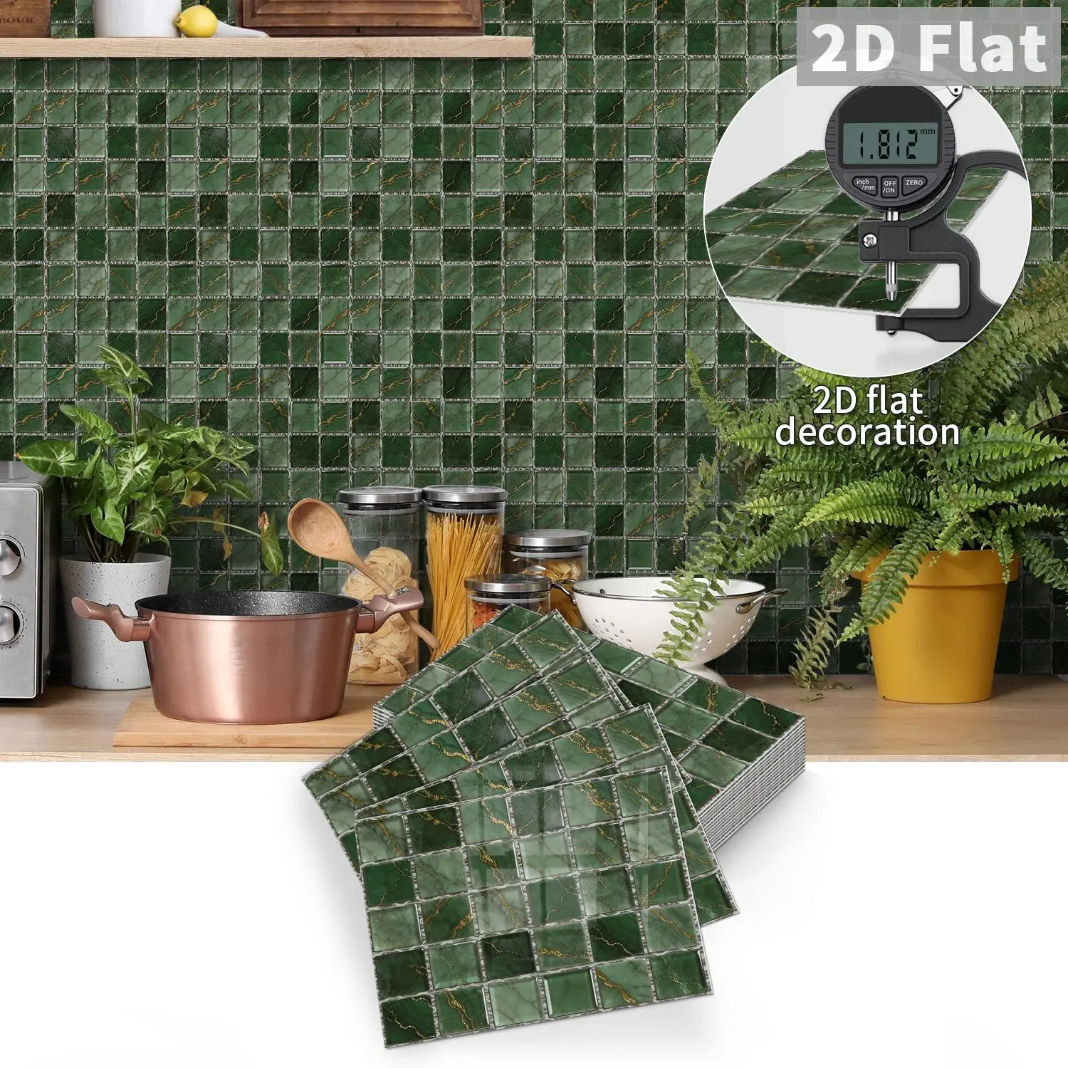 10 PCS/Box PE Crystal Foam Tile Stickers (Color Box) GST Dark Green Gold Vein Mosaic Waterproof Oil-Proof Anti-Collision Home Decor for Kitchen, Bathroom, Ceiling, Old Tiles & Wood