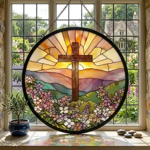 Vintage Stained Acrylic Ocean Cross Suncatcher, Christian Beach Sunset Window Decor, Religious Sea Landscape Sun Catcher, Coastal Faith Based Home Gift, Spiritual Tropical Wall Art 2026