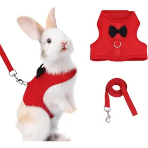 Rabbit Harness and Leash Set with Cute Bow, Christmas Soft Breathable Mesh Vest Harness for Rabbits Kitten Ferret Puppy Small Pets Walking Supplies Red S